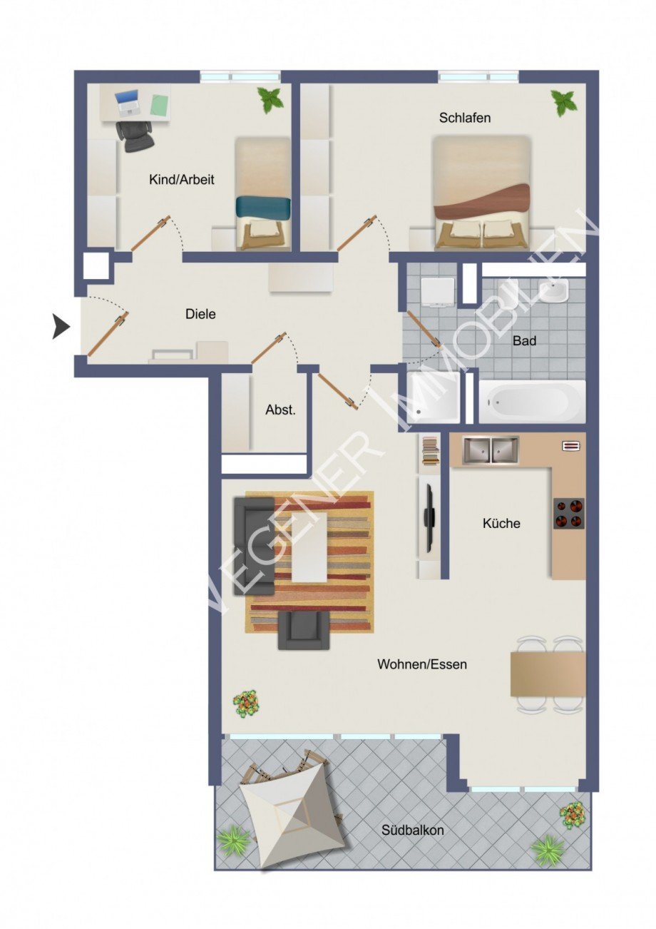 Grundriss mit Bsp.M�blierung Etagenwohnung M�nchen