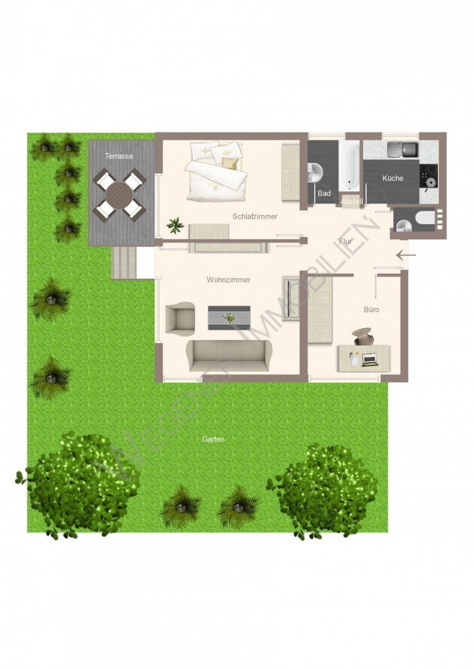 Grundriss mit Bsp M�blierung Erdgeschosswohnung M�nchen