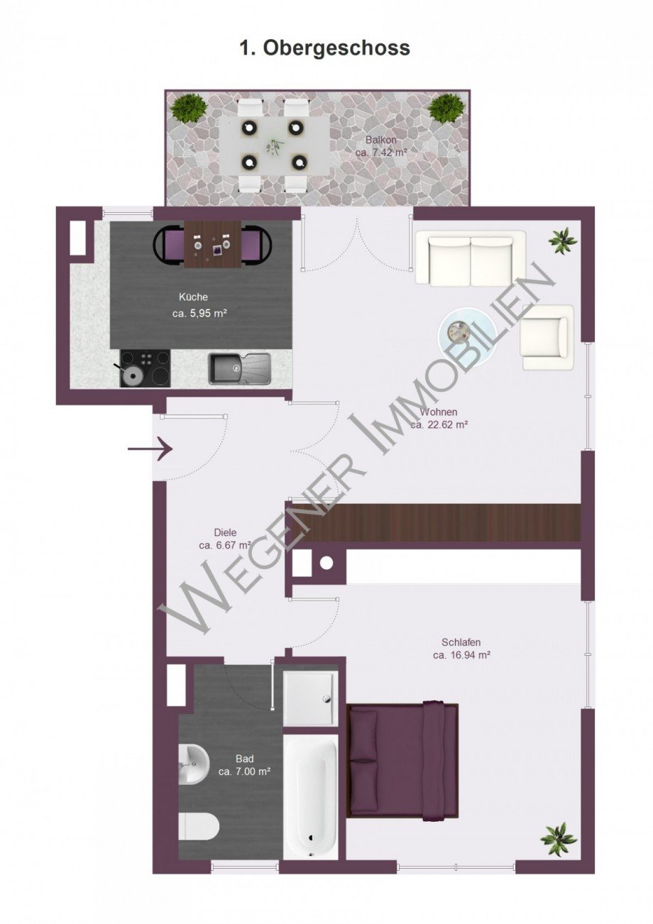 Grundriss mit Bsp. m�blierung Etagenwohnung M�nchen