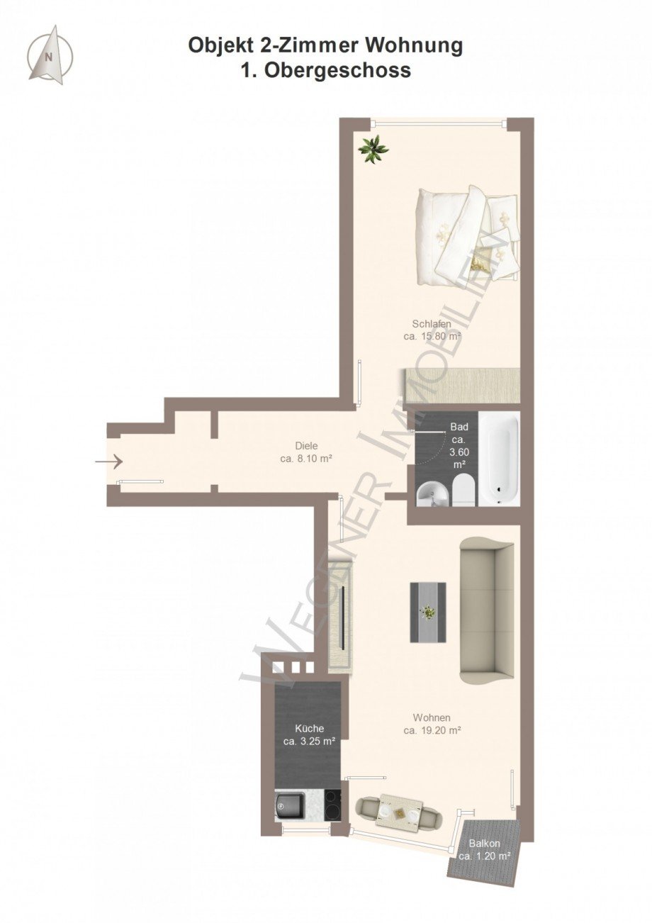 Grundriss mit Bsp.-M�blierung Etagenwohnung M�nchen