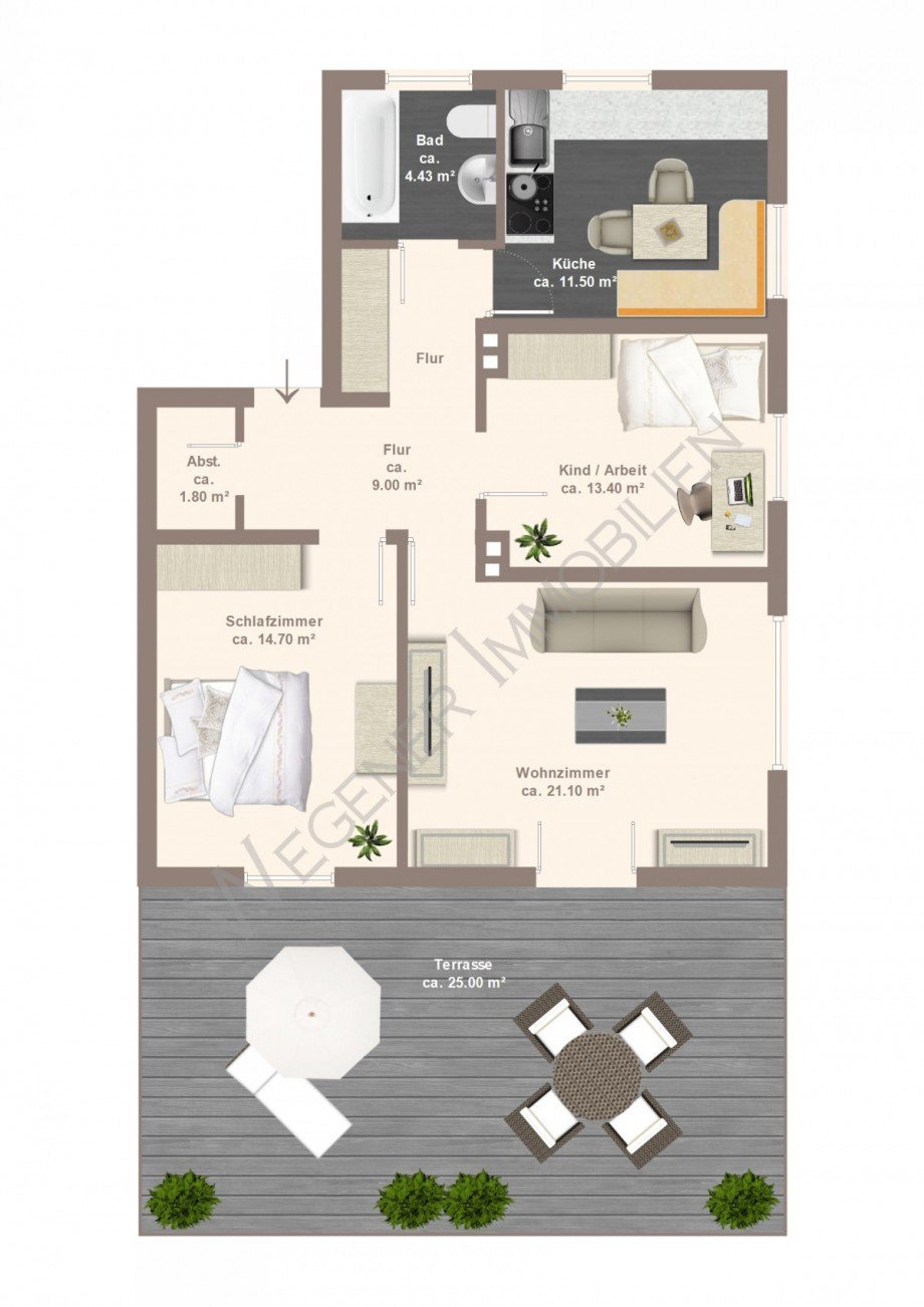 Grundriss mit Bsp. m�blierung Terrassenwohnung M�nchen