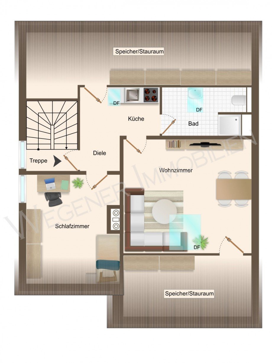 Grundriss mit Bsp. M�blierung DG Zweifamilienhaus Steinh�ring