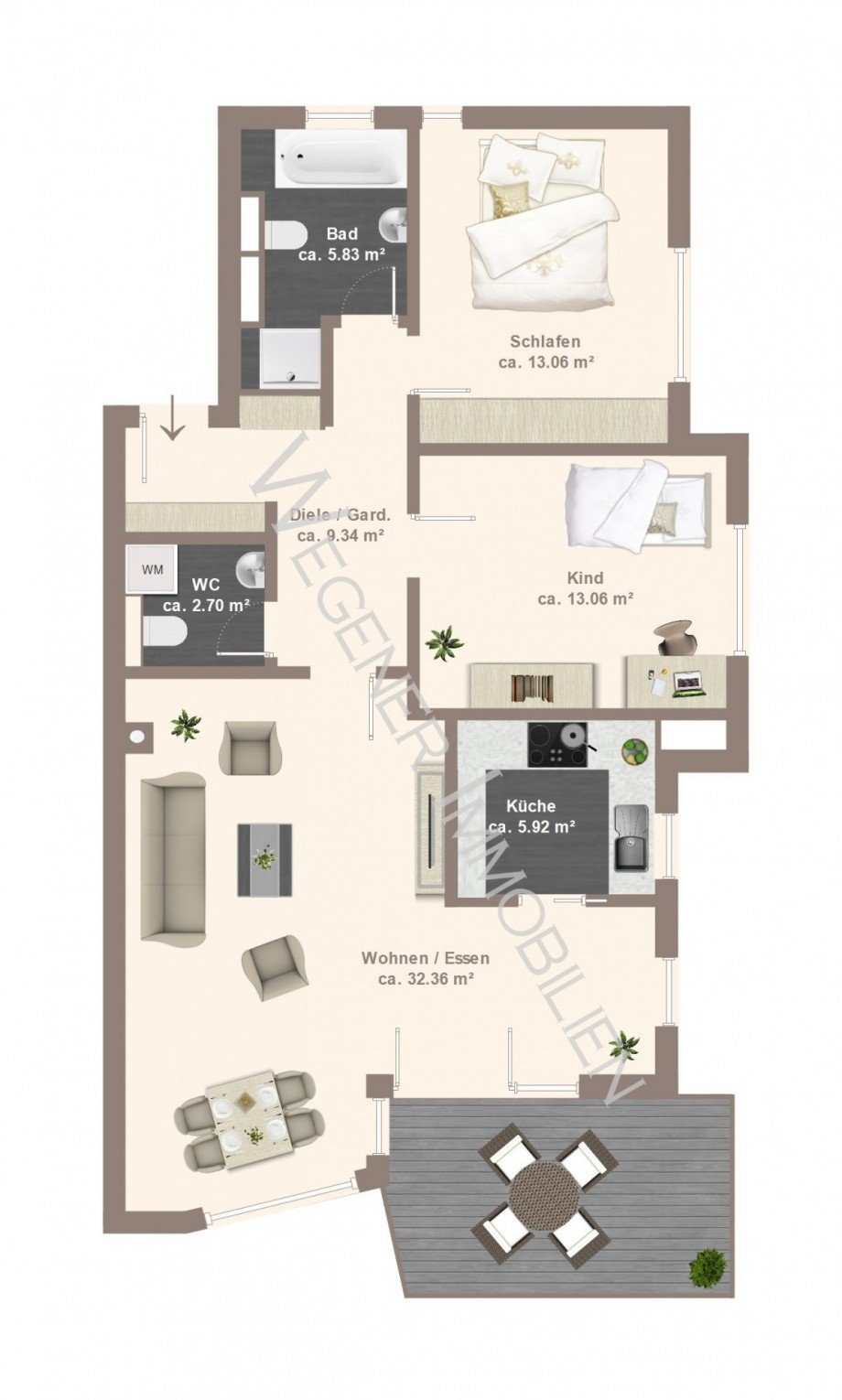 Grundriss mit Bsp.-M�blierung Etagenwohnung M�nchen