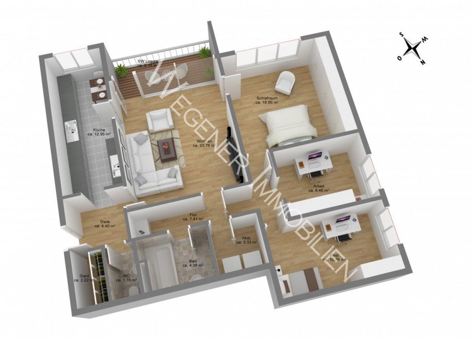 Grundriss mit Bsp. m�blierung Etagenwohnung Haar