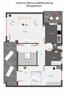 Grundriss mit Bsp. m�blierung Zuhause zum Wohlf�hlen: Gepflegte 2-Zi-Wohnung mit EBK zwei Loggien in Waldtrudering!