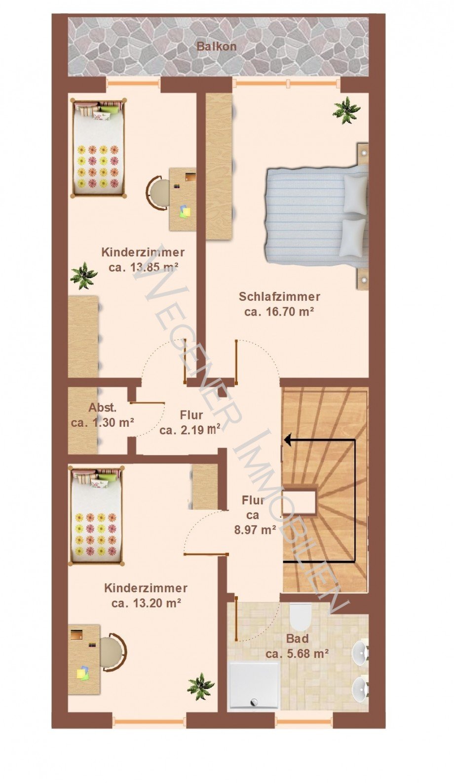 Grundriss mit Bsp m�blierung OG Reihenmittelhaus M�nchen