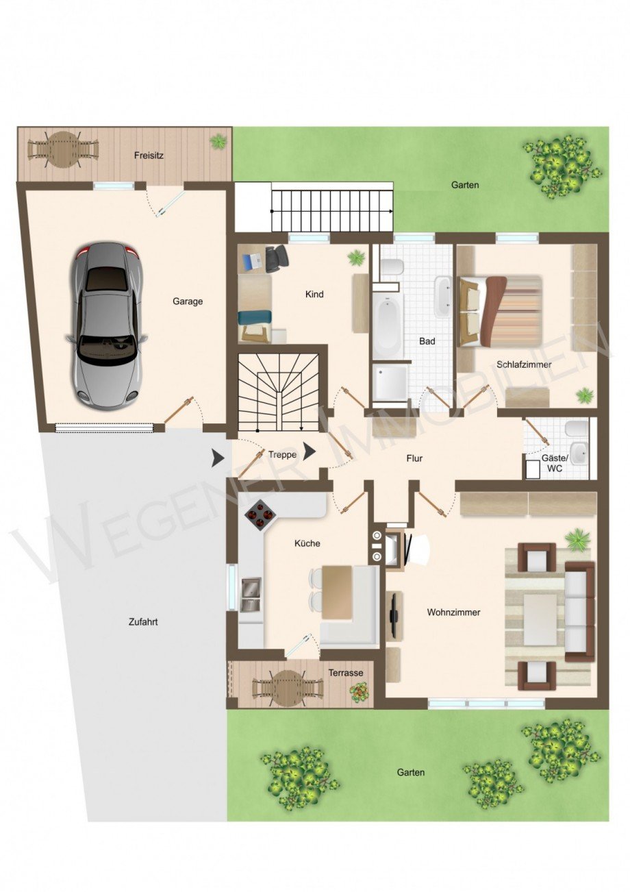 Grundriss mit Bsp. M�blierung EG Zweifamilienhaus Steinh�ring