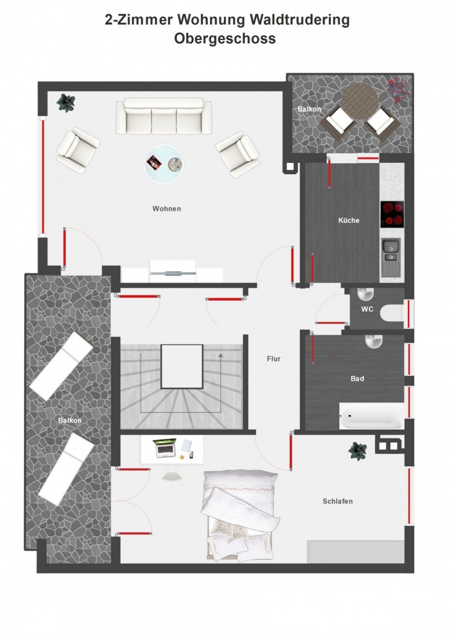 Grundriss mit Bsp. m�blierung Etagenwohnung M�nchen