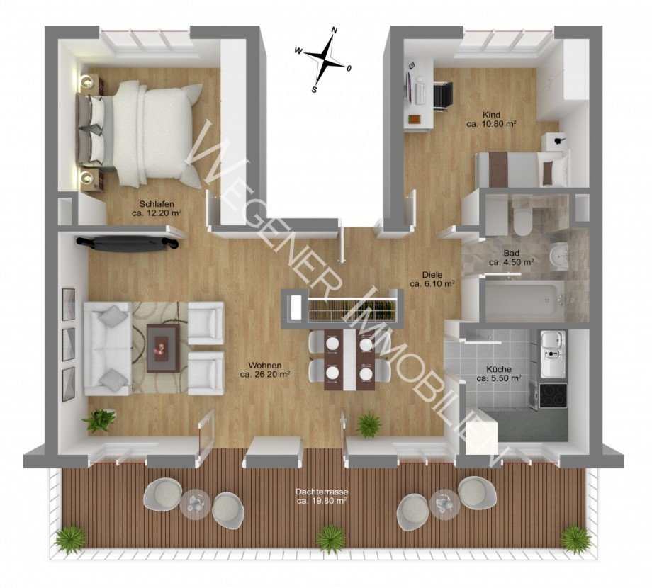 Grundriss mit Bsp. M�blierung Dachgeschosswohnung Kirchheim bei M�nchen