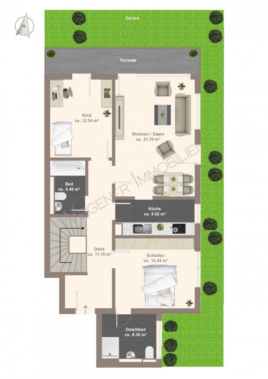 Grundriss Bsp.-M�blierung EG Maisonettewohnung M�nchen