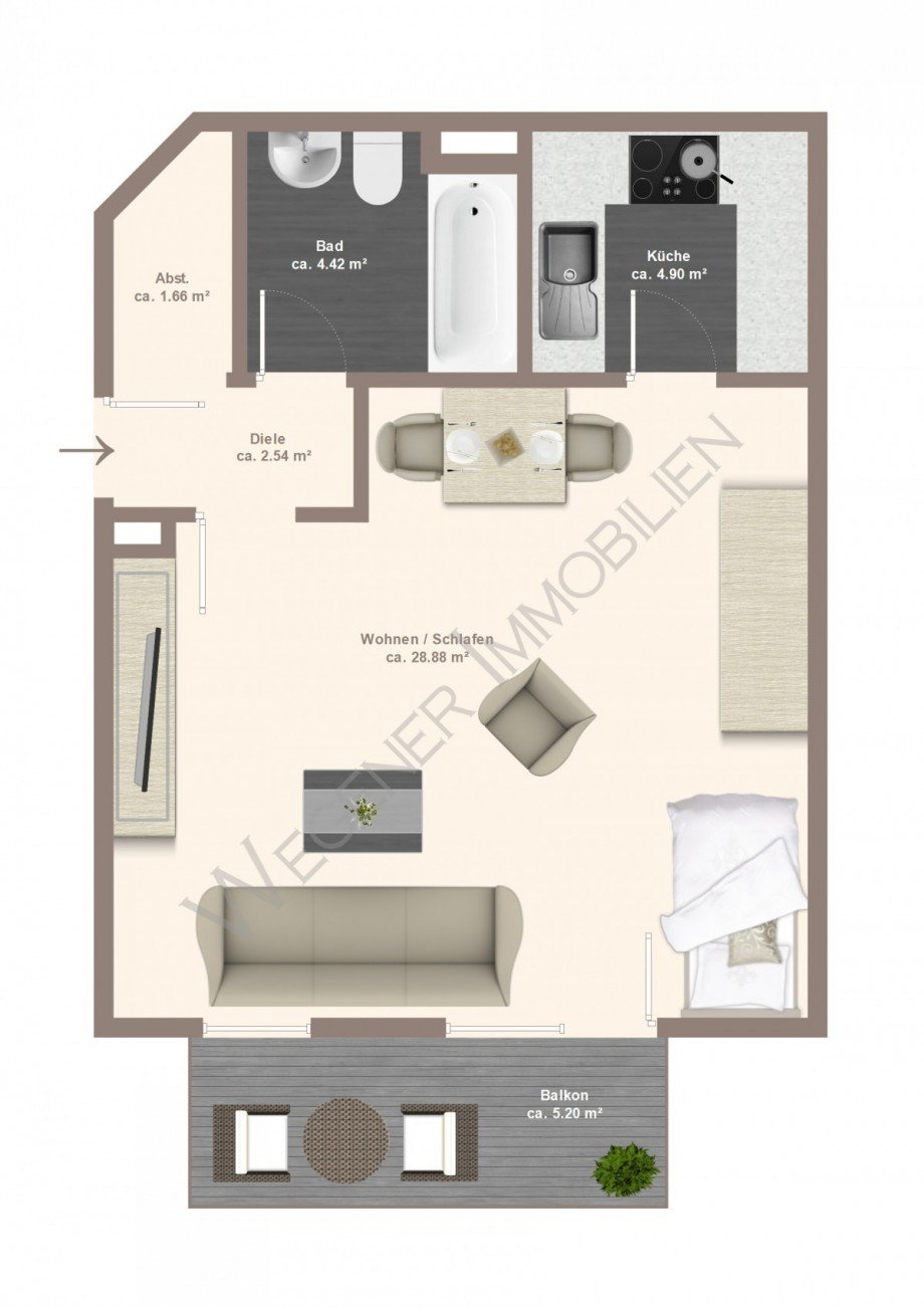 Grundriss mit Bsp.m�blierung Etagenwohnung M�nchen
